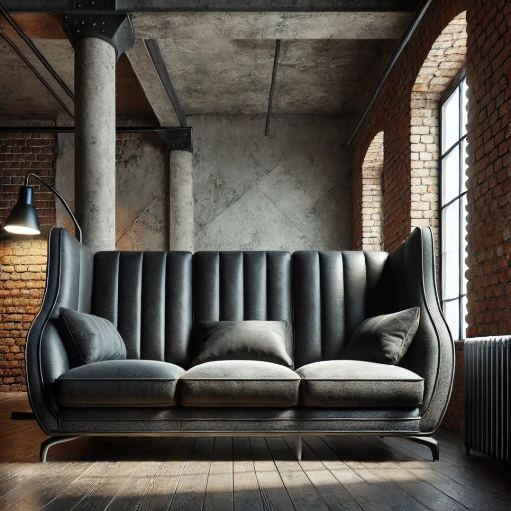 En hög rygg soffa i modern industriell stil med mörka tyger och metallinslag.