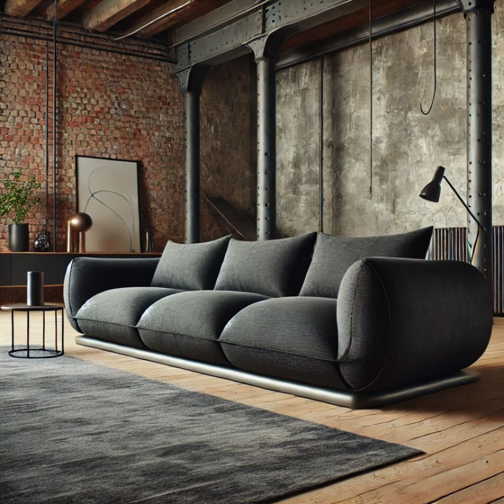 En modern, bred soffa i industriell stil.