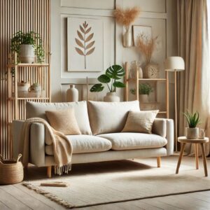 En mysig beige soffa i skandinavisk stil.