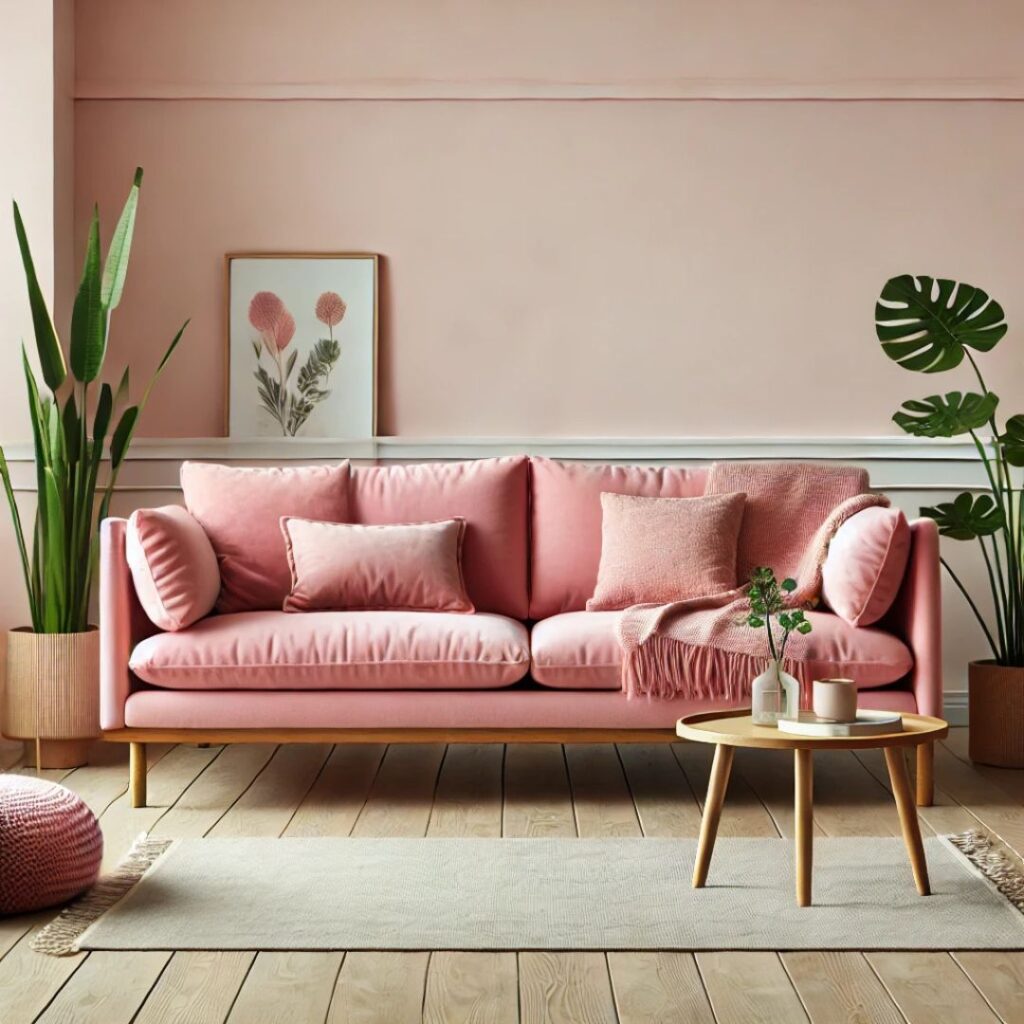 En mysig inredning i skandinavisk stil med en rosa soffa.