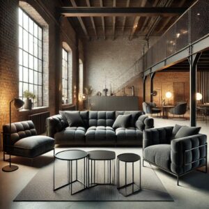 Industriell stil – En elegant soffgrupp med mörk klädsel, metallramar och tegelväggar.