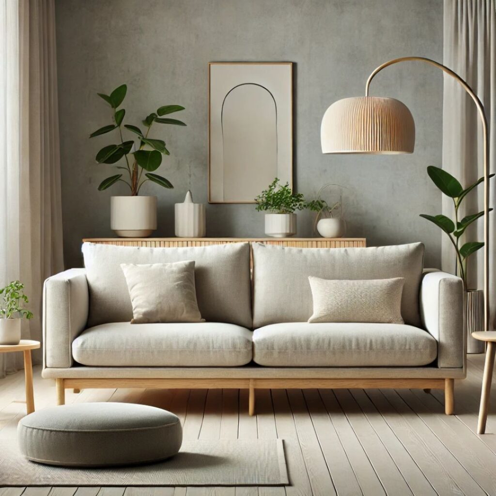 Japandi soffa i minimalistisk japansk-skandinavisk stil.