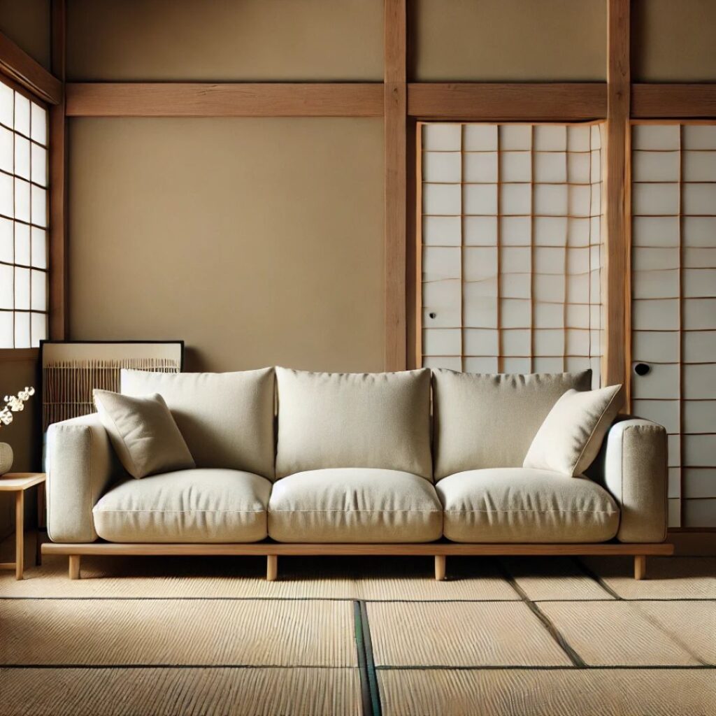 Minimalistisk japansk soffa i en traditionell miljö med trädetaljer och shoji-skärmar.