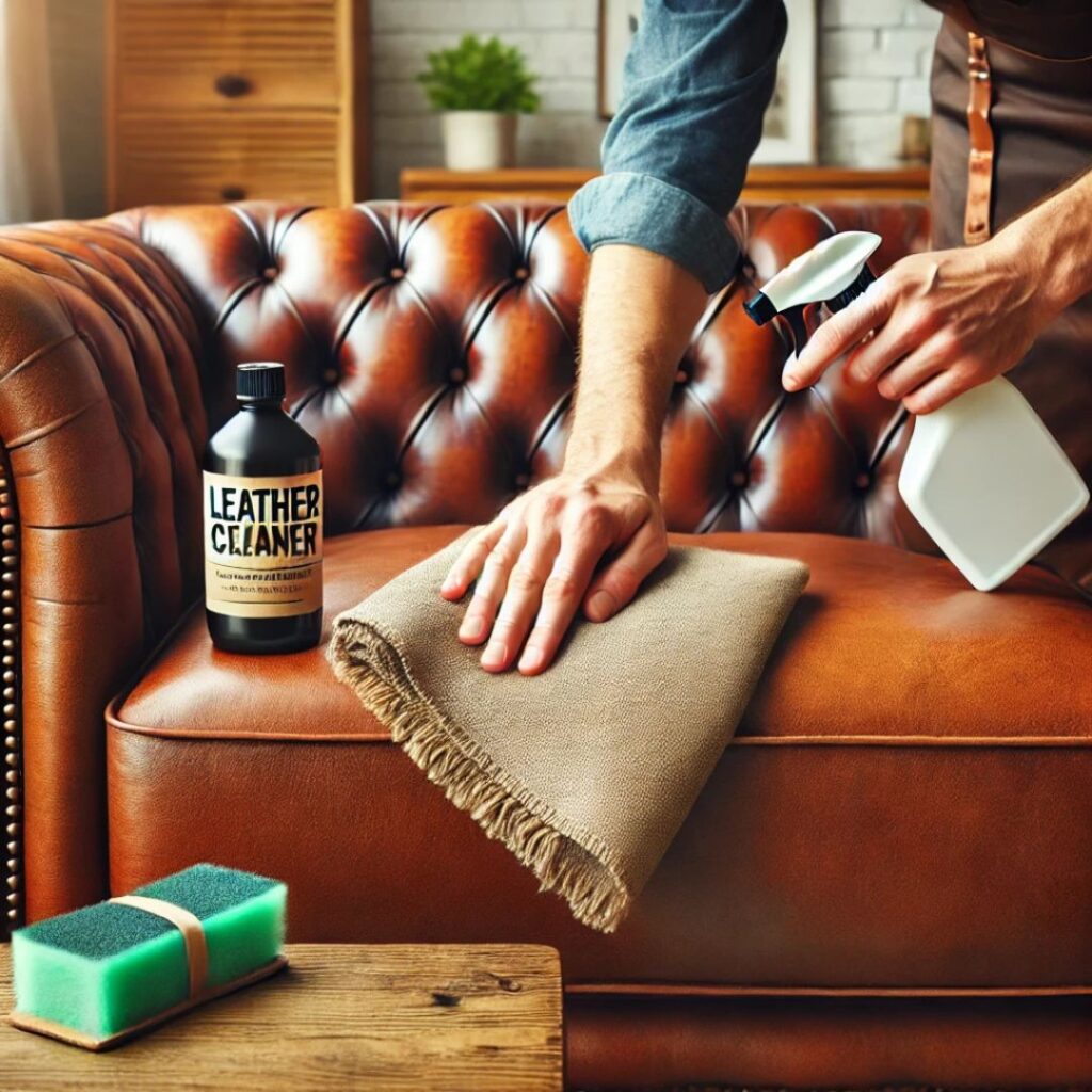Rengöring av soffa i lädermaterial – En skinnsoffa som rengörs med lämpliga produkter Rengöring av soffa i lädermaterial – En skinnsoffa som rengörs med lämpliga produkter.