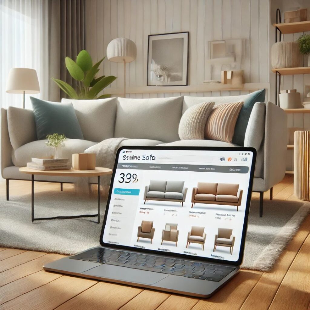 Skandinaviskt inspirerat vardagsrum med en elegant soffa, ett bra val för online-soffköp.