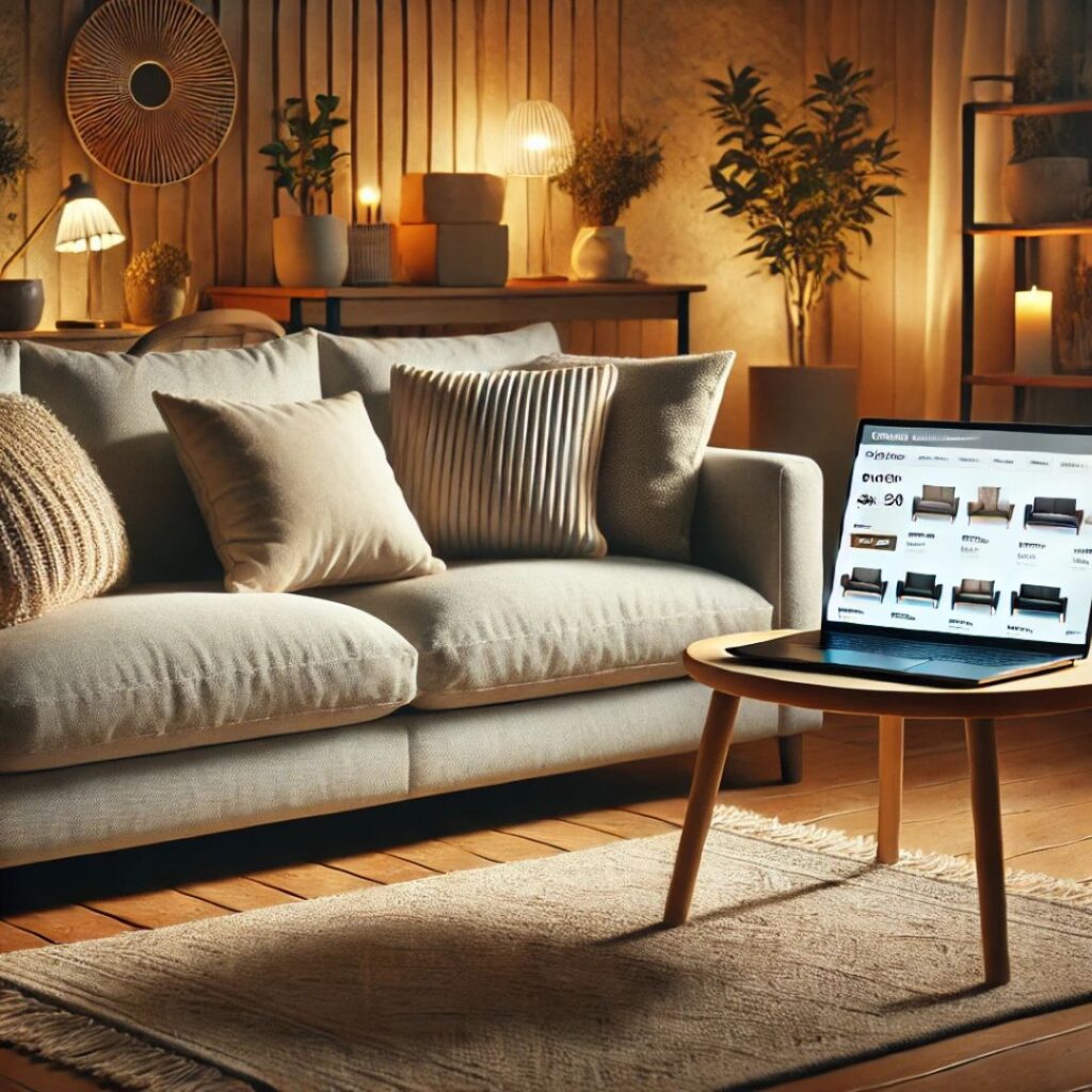 Stilrent och modernt vardagsrum med stor, bekväm soffa för köptips online.