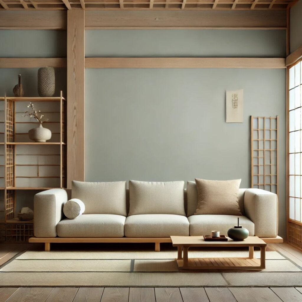 Traditionell japansk soffa i ett lugnt, minimalistiskt rum med enkla dekorationer och träinslag.