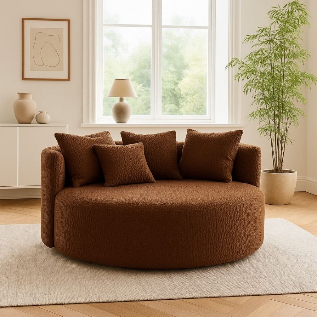 En beige rund soffa i teddy material i en skandinavisk inredning med ljus färgkombination.