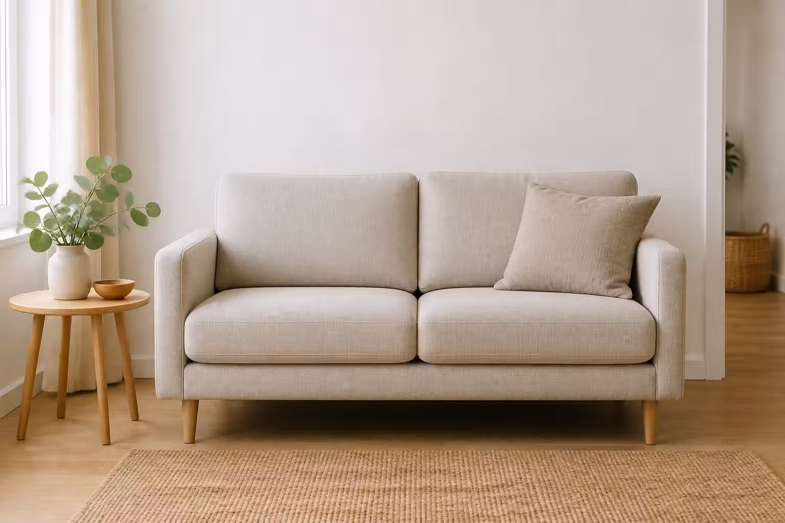 Kompakt beige 2-sitssoffa med två sittdynor och ljusa träben i ett litet ljust rum