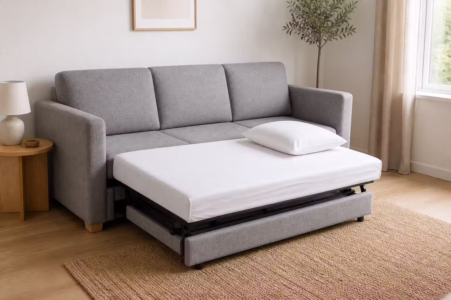 Grå 3-sits bäddsoffa till hälften utfälld med bäddad madrass och kudde