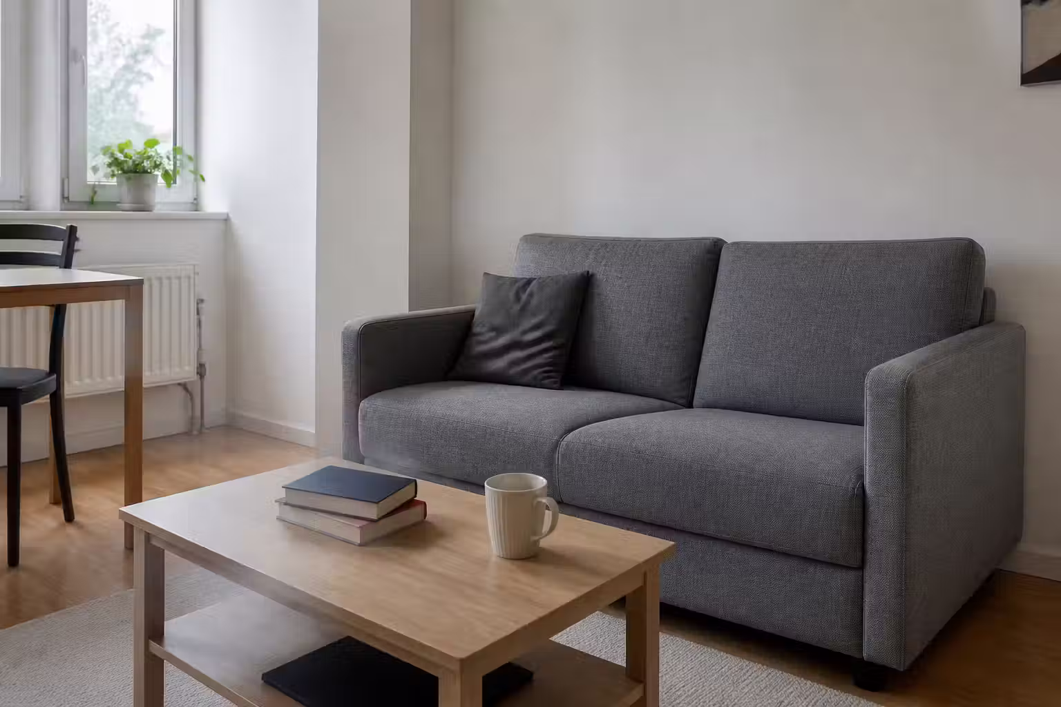 Liten grå tvåsitssoffa i en kompakt förstalägenhet med vita väggar och litet fönster