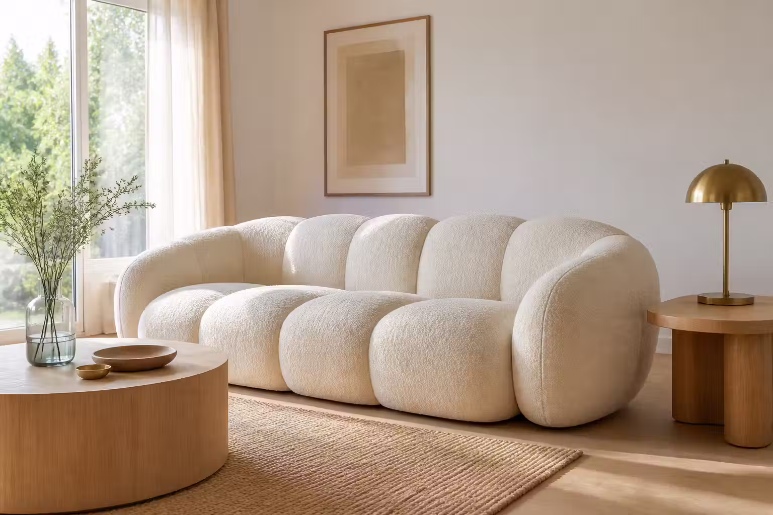 Bubbligt formad modulsoffa i benvit bouclé med rundade, kuddliknande sektioner