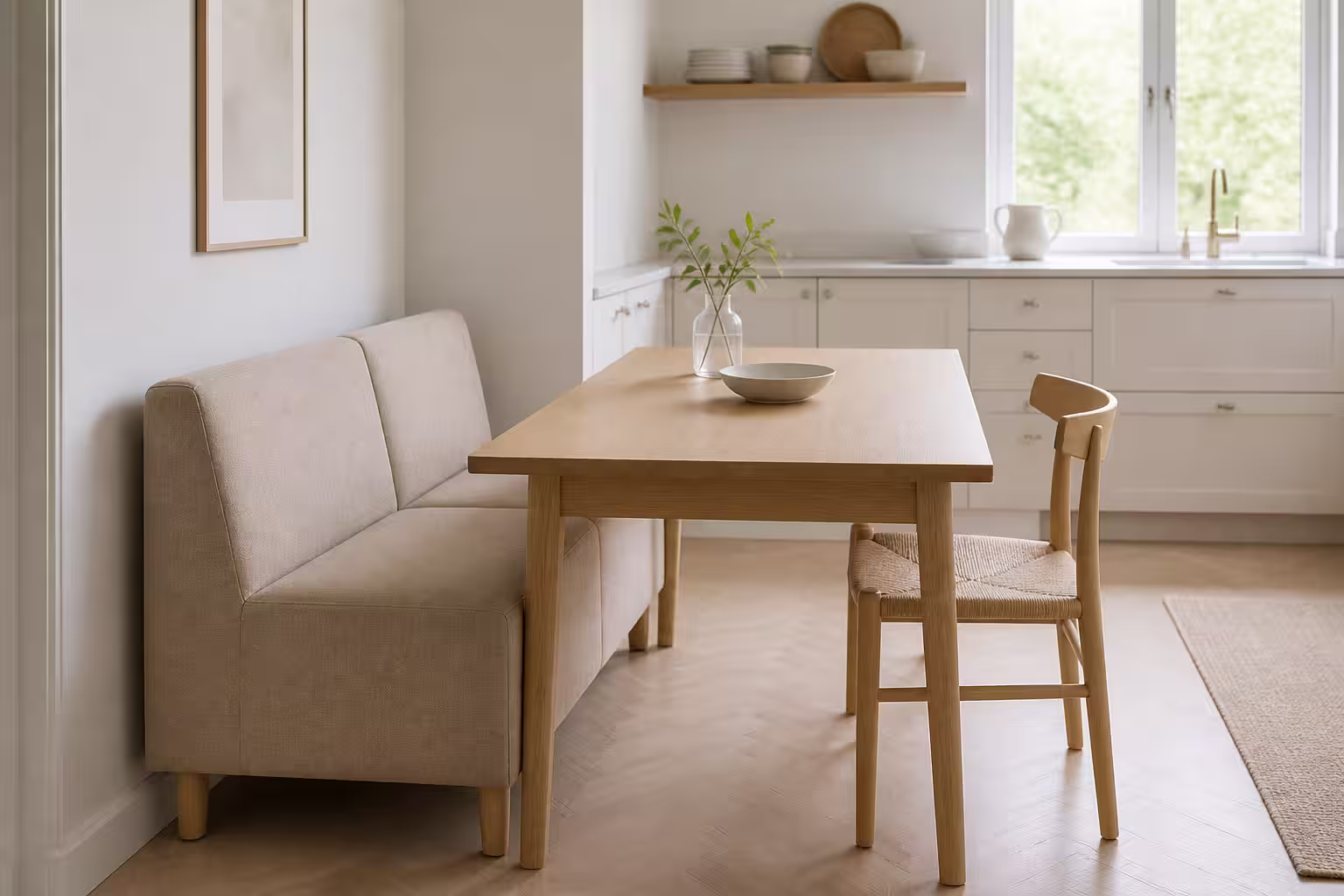 Smal beige kökssoffa uppdragen mot ett ljust ekbord i ett skandinaviskt kök