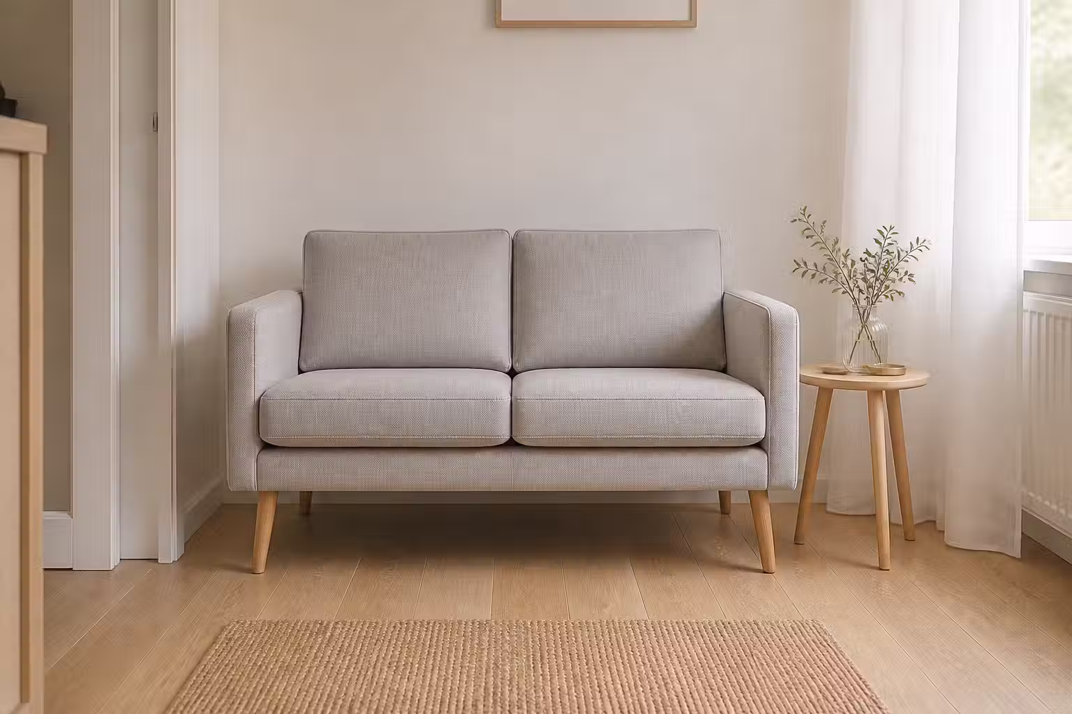 Liten ljusgrå tvåsitssoffa med smala armstöd och höga träben i ett litet ljust rum