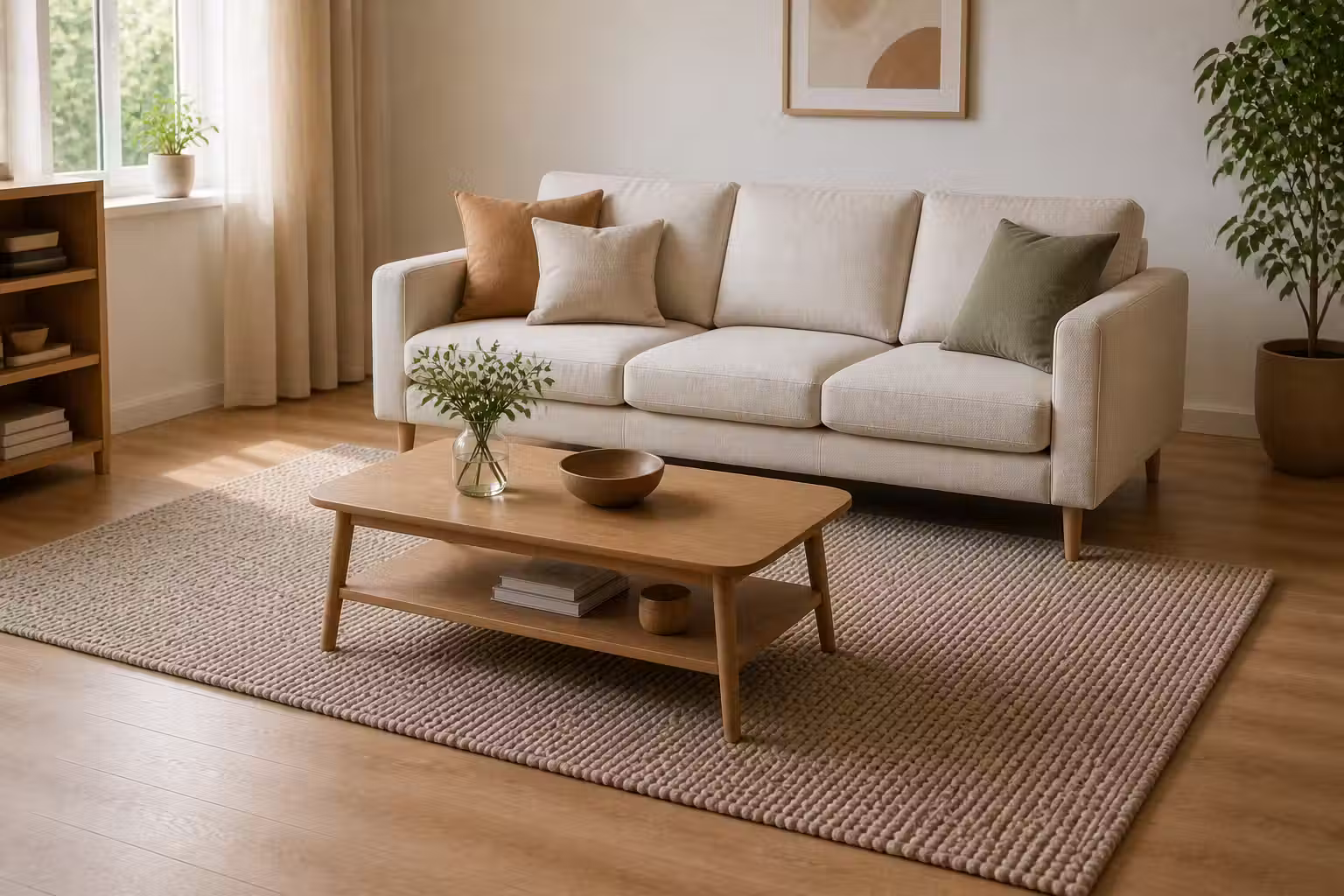 Ljust vardagsrum där en stor grovvävd matta ligger framför en beige 3-sitssoffa och går tydligt utanför soffan på båda sidor
