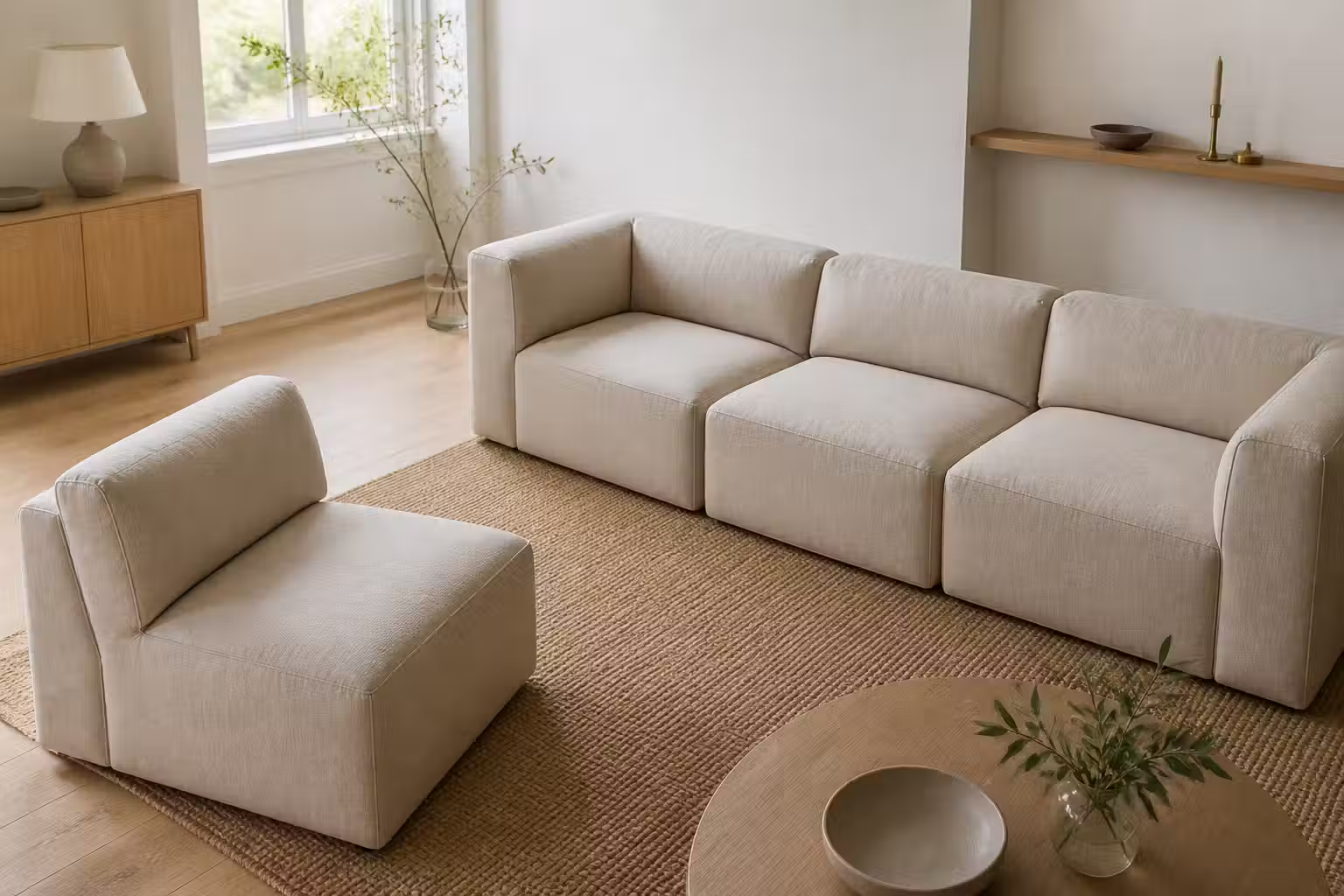 Ljus modulsoffa i tre sammansatta moduler med en fjärde modul fristående placerad en bit ifrån på en jutematta