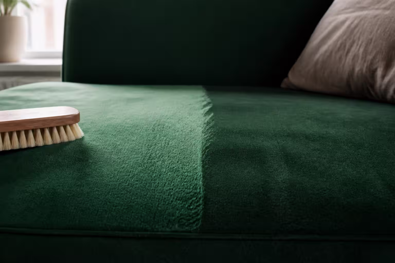 Mjuk klädborste på en mörkgrön sammetssoffa där ena halvan av sitsen borstats och därför ser ljusare ut