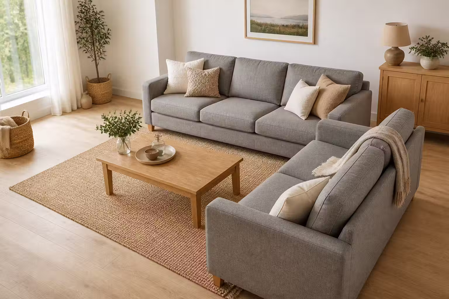 Soffgrupp med en tresits och en tvåsits i samma varmgrå tyg ställda i vinkel kring ett ekbord