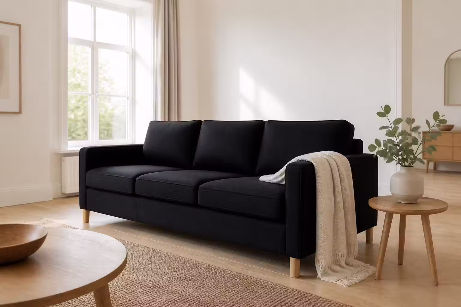 Svart tygsoffa i ett ljust minimalistiskt vardagsrum med vita väggar, ekgolv och en cremefärgad ullpläd