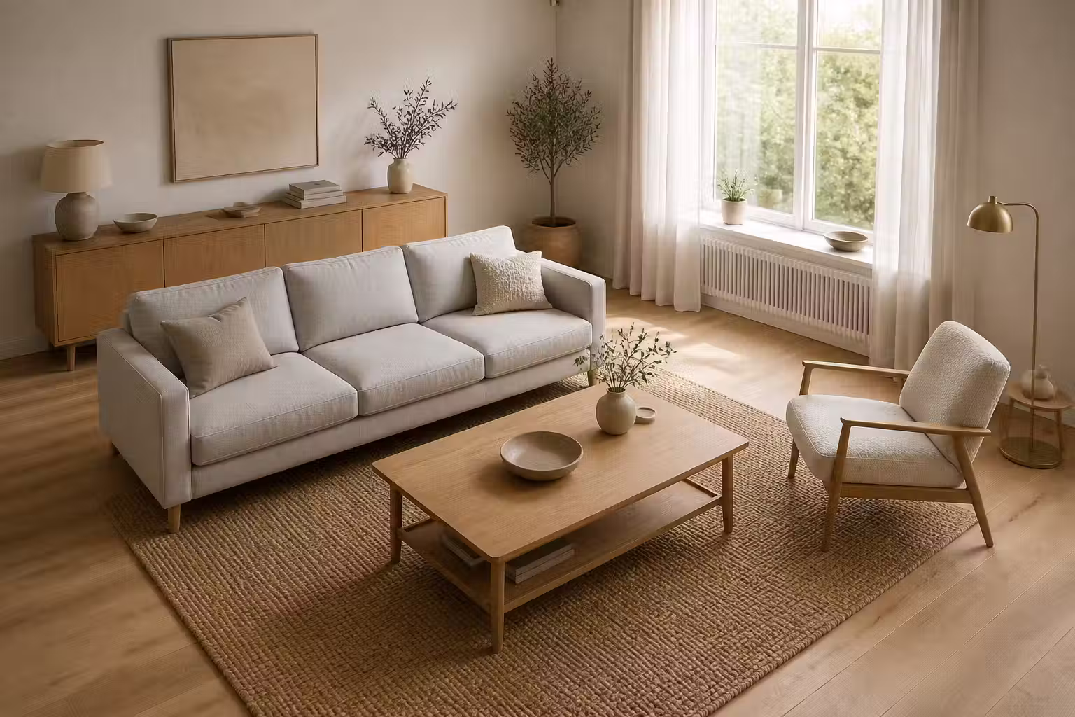Ljust skandinaviskt vardagsrum sett ovanifrån med ljusgrå tresitssoffa, ekbord, jutematta, fåtölj och sideboard