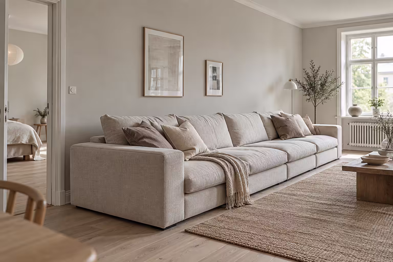 Tre meter bred beige soffa längs en lång vägg i ett ljust rum med dörröppning i förgrunden