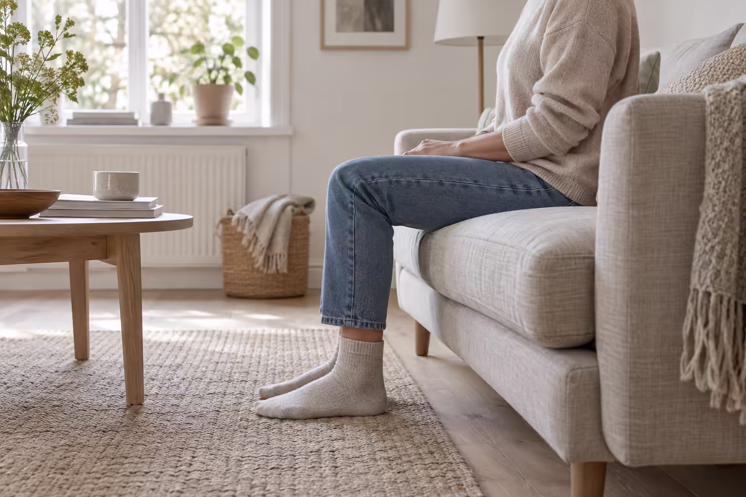 Person sittande på en soffa i profil med fötterna platt i golvet och knäna i rät vinkel
