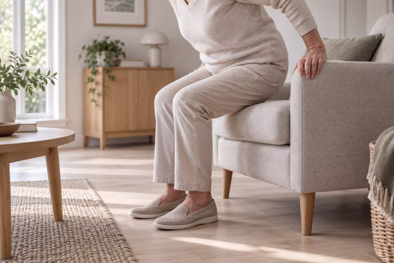 Äldre person som reser sig från en soffa med handen mot armstödet, fötterna platt i golvet