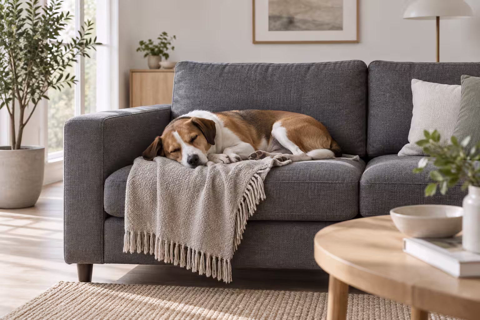 Hund som sover på en mörkgrå soffa i tätvävt tyg med en pläd över sitsen